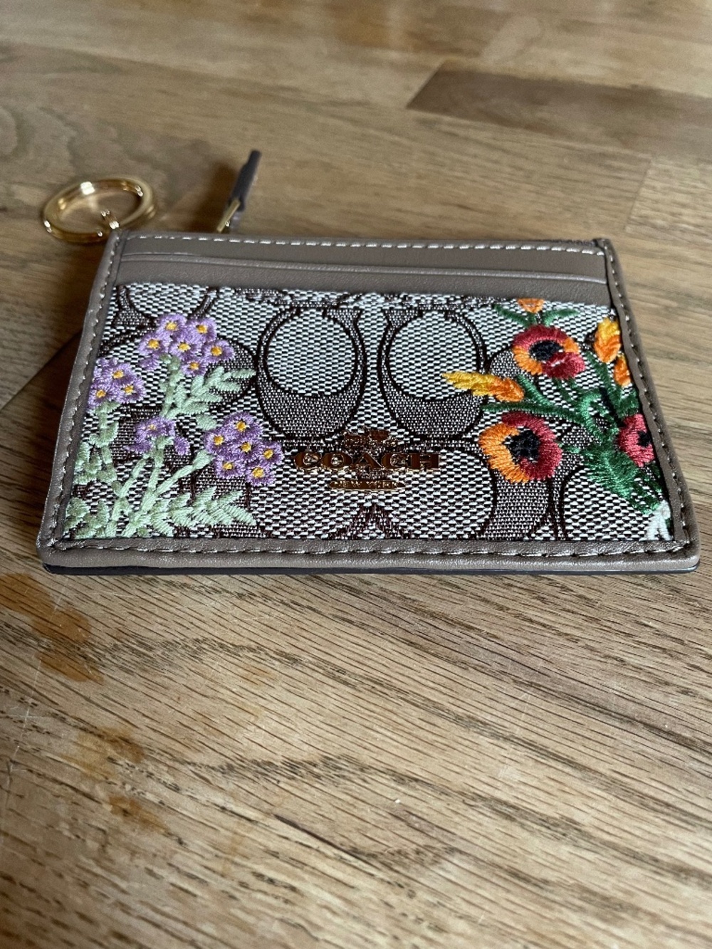 NWT Brown Embroidered Coach Cardholder with Keychain